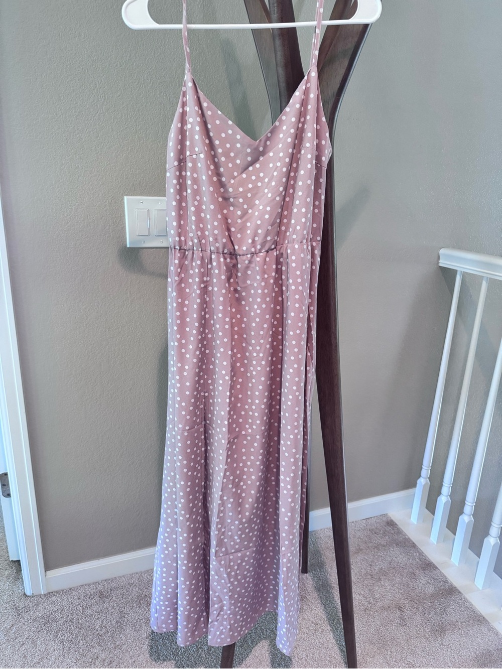 Mauve Polka Dot Maxi Dress with Spaghetti Straps